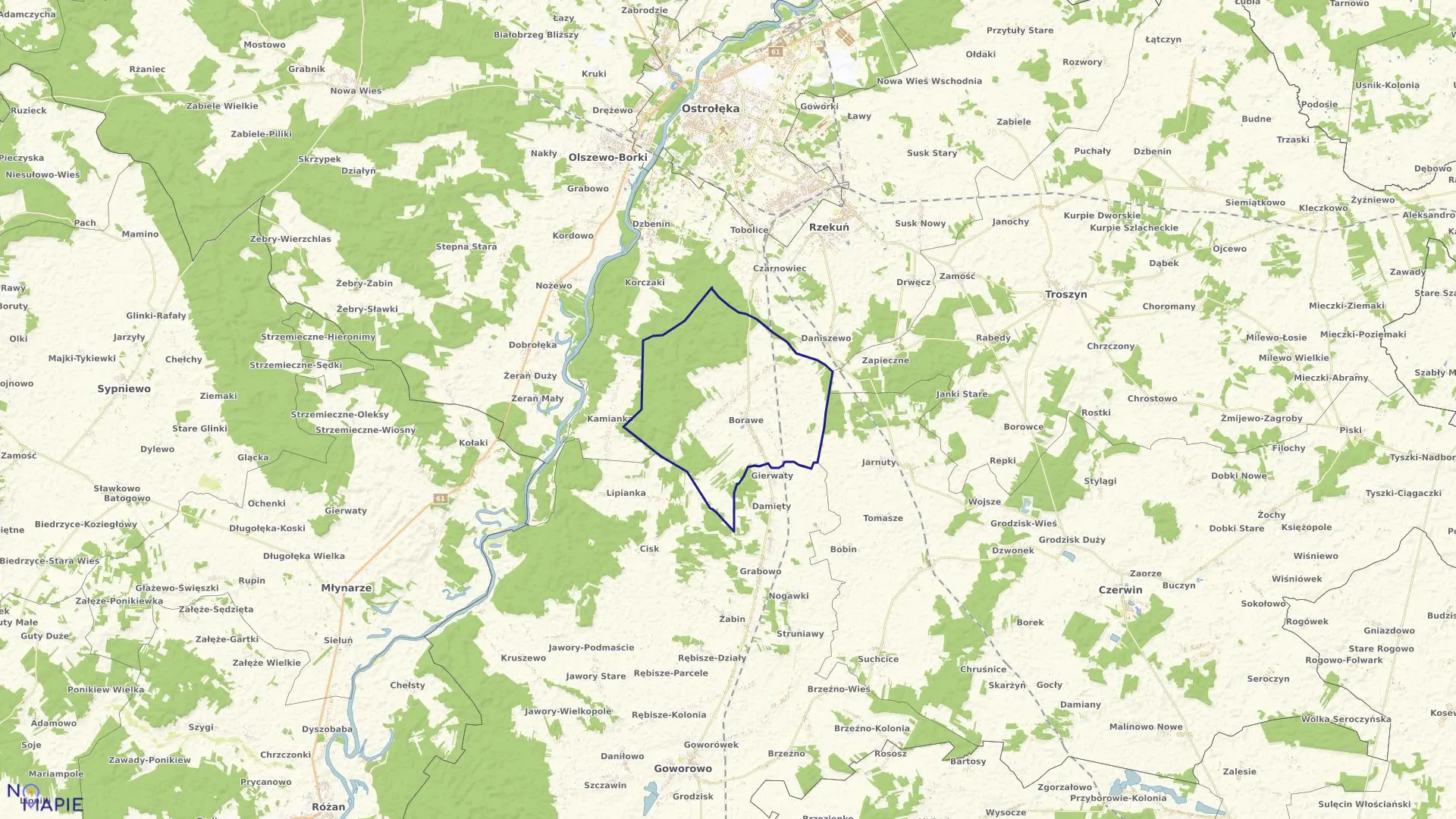 Mapa obrębu BORAWE w gminie Rzekuń