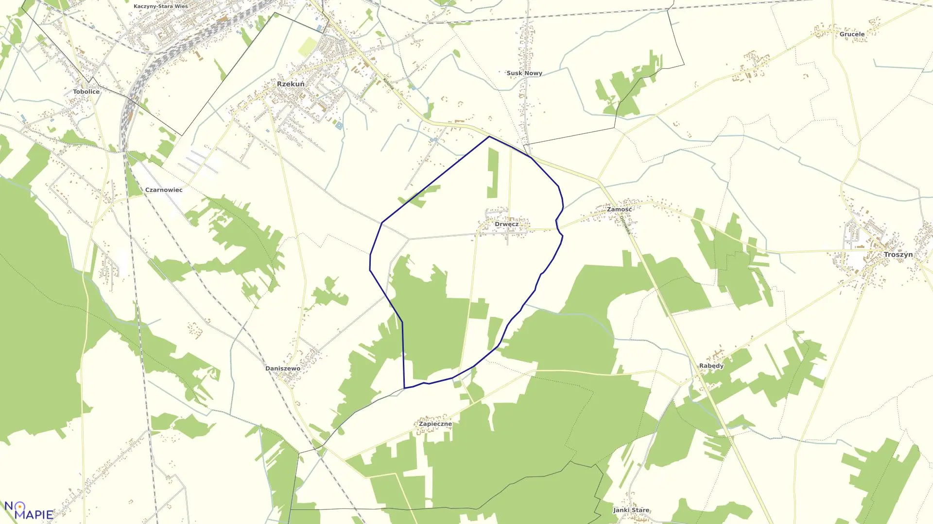 Mapa obrębu DRWĘCZ w gminie Rzekuń